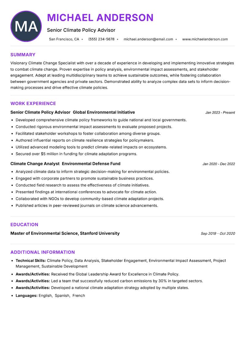 Climate Change Specialist Resume Preview Example