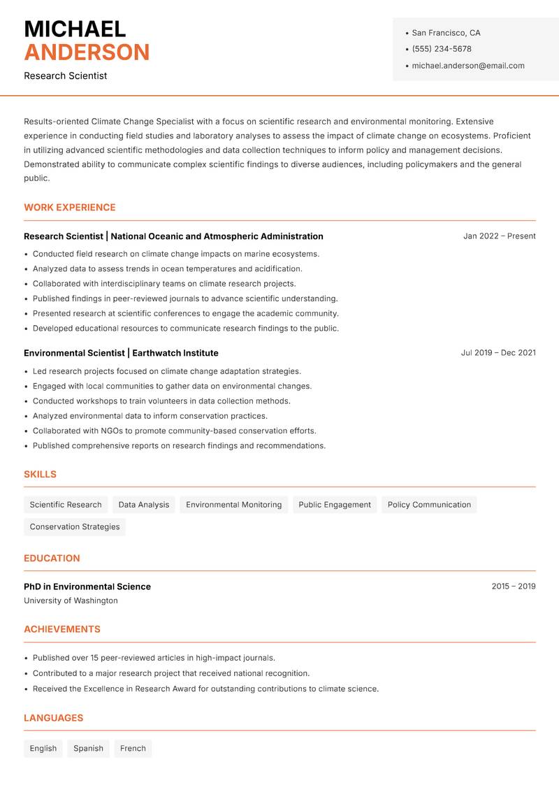 Climate Change Specialist Resume Template