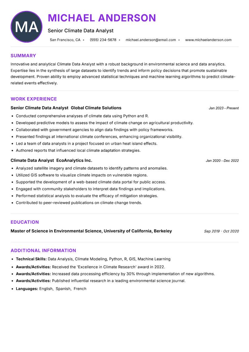 Climate Data Analyst Resume Preview Example