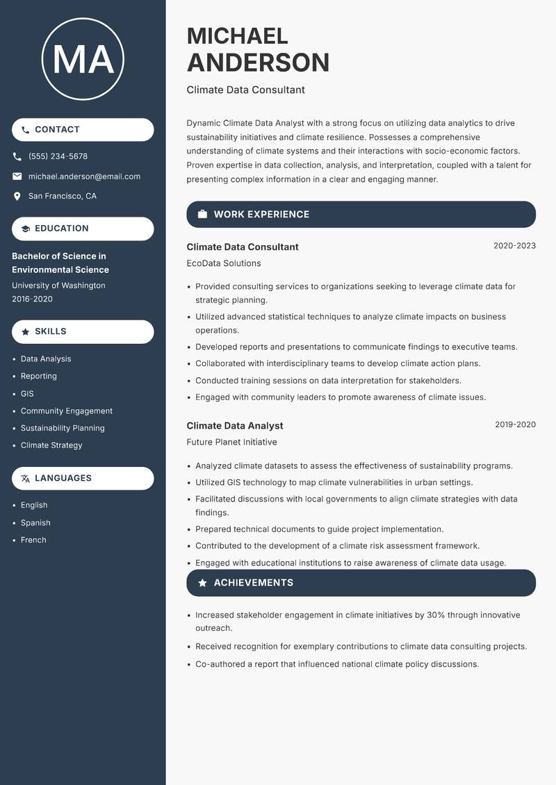 Climate Data Analyst Resume Preview Example