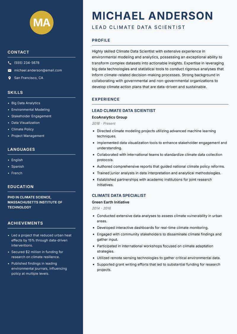 Climate Data Scientist Resume Preview Example