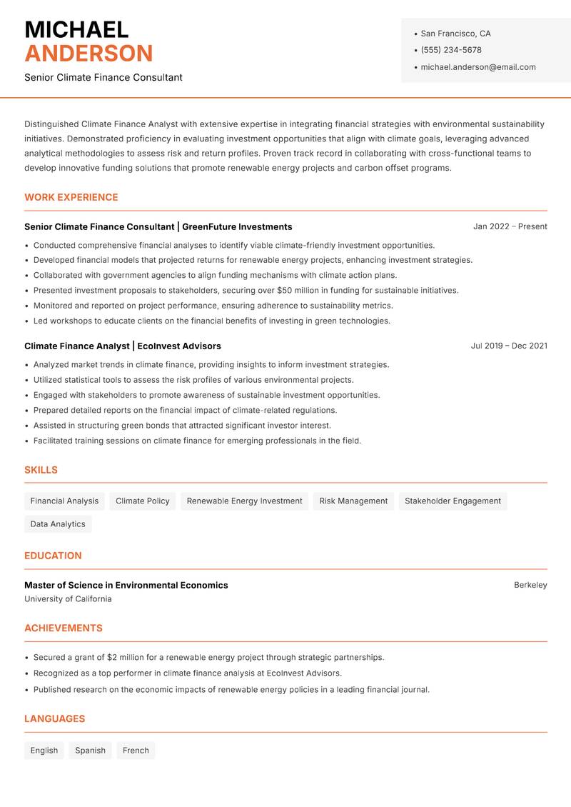 Climate Finance Analyst Resume Template