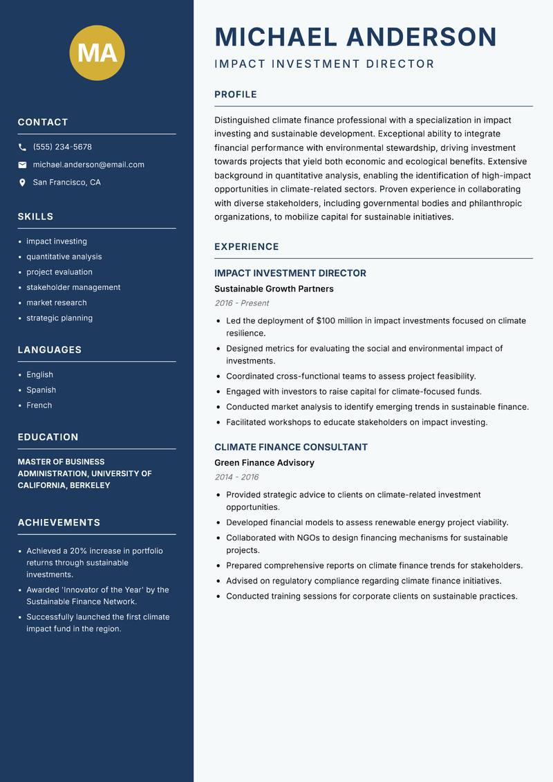 Climate Finance Specialist Resume Preview Example