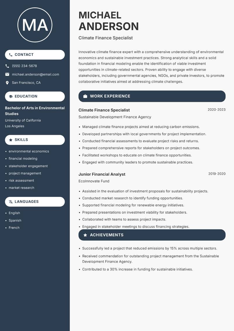 Climate Finance Specialist Resume Preview Example