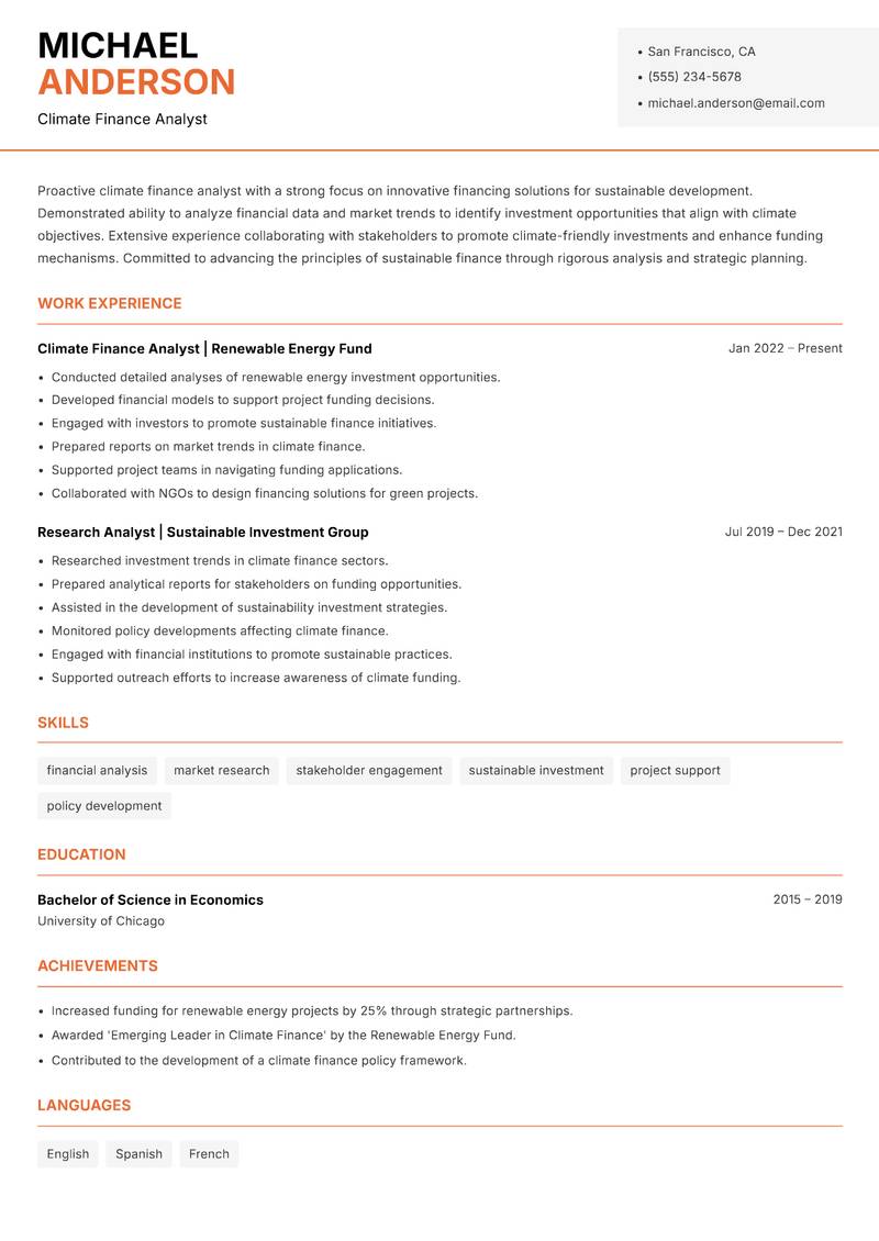 Climate Finance Specialist Resume Template