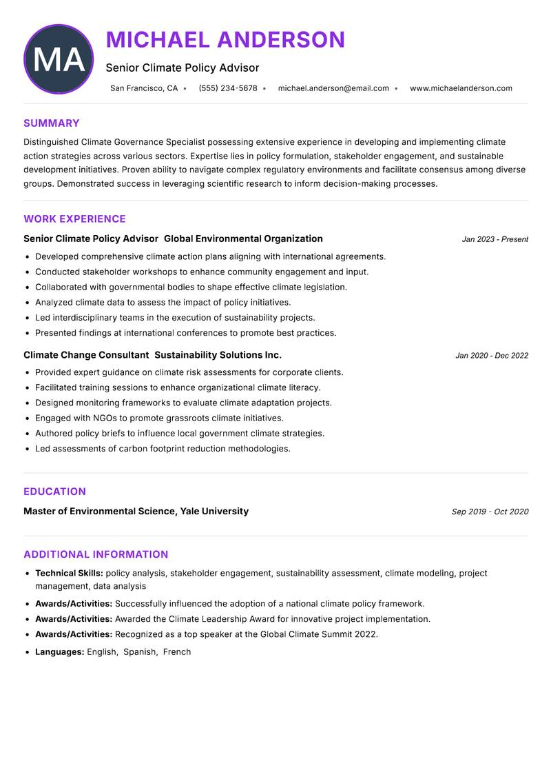 Climate Governance Specialist Resume Preview Example