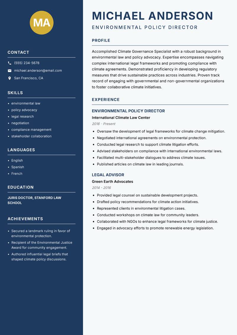 Climate Governance Specialist Resume Preview Example