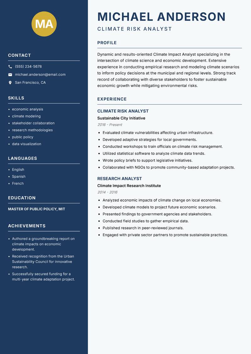 Climate Impact Analyst Resume Preview Example