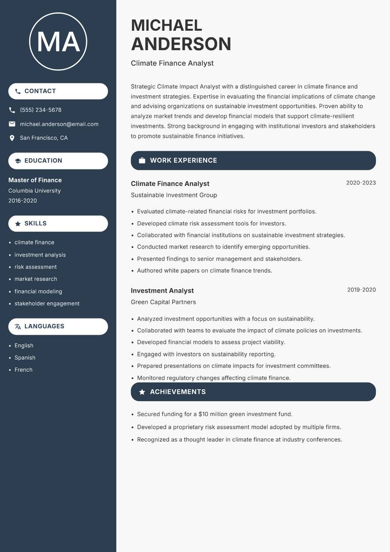 Climate Impact Analyst Resume Preview Example
