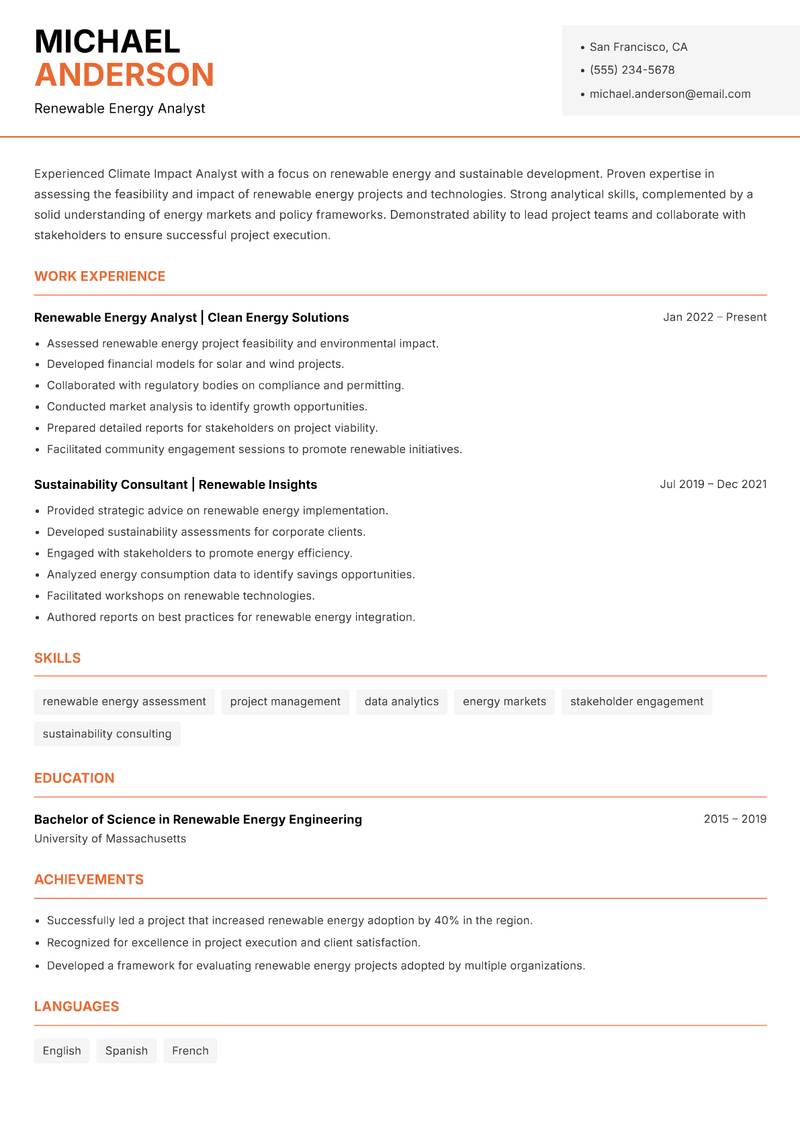Climate Impact Analyst Resume Template