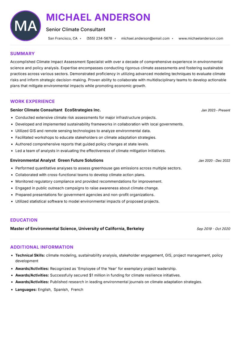 Climate Impact Assessment Specialist Resume Preview Example