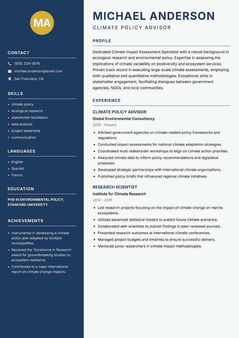 Climate Impact Assessment Specialist Resume Preview Example