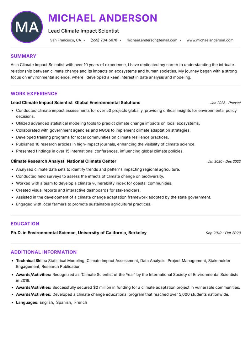 Climate Impact Scientist Resume Preview Example