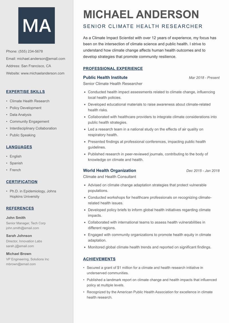 Climate Impact Scientist Resume Preview Example
