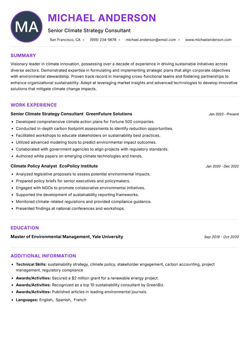 Climate Innovation Manager Resume Preview Example