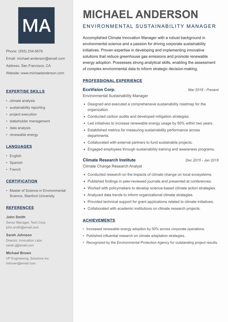 Climate Innovation Manager Resume Preview Example