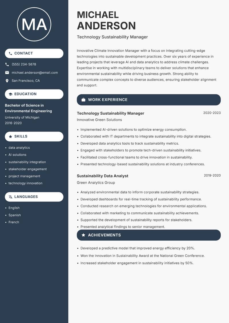 Climate Innovation Manager Resume Preview Example