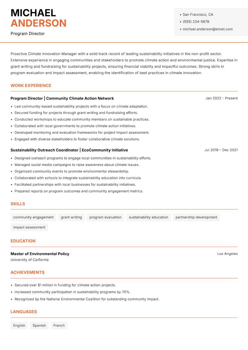 Climate Innovation Manager Resume Template