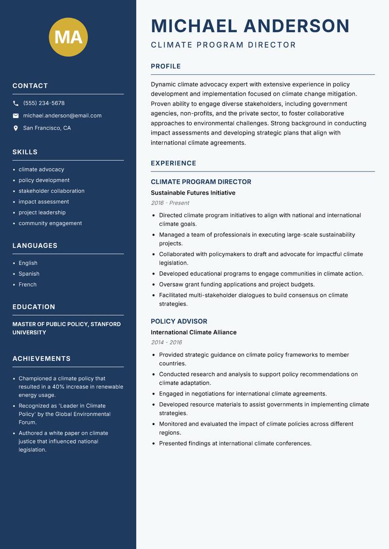 Climate Mitigation Manager Resume Preview Example