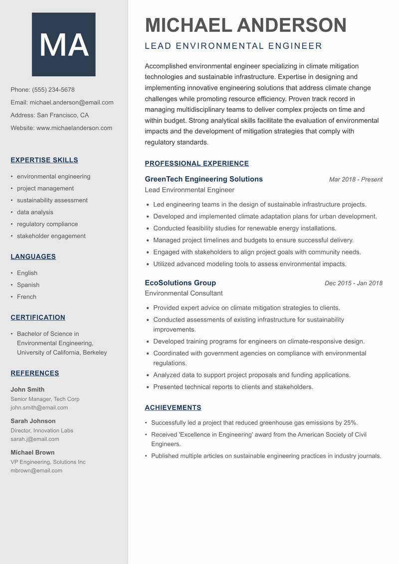 Climate Mitigation Manager Resume Preview Example