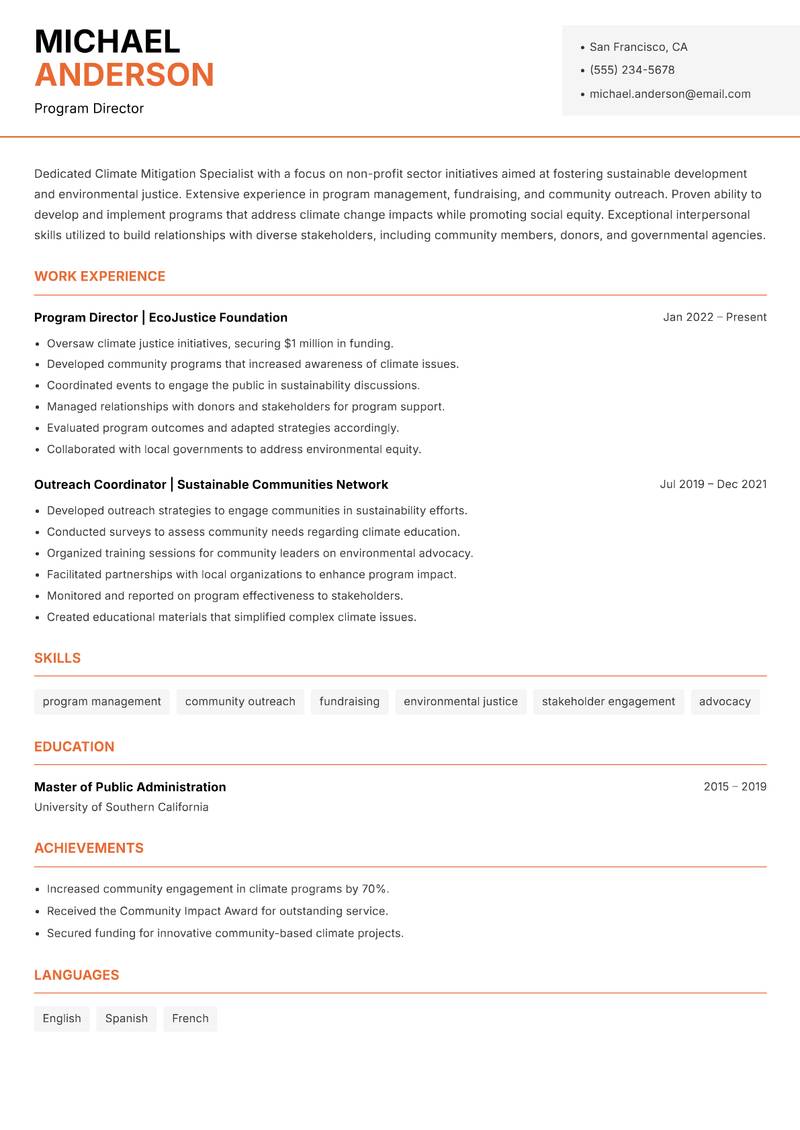 Climate Mitigation Specialist Resume Template