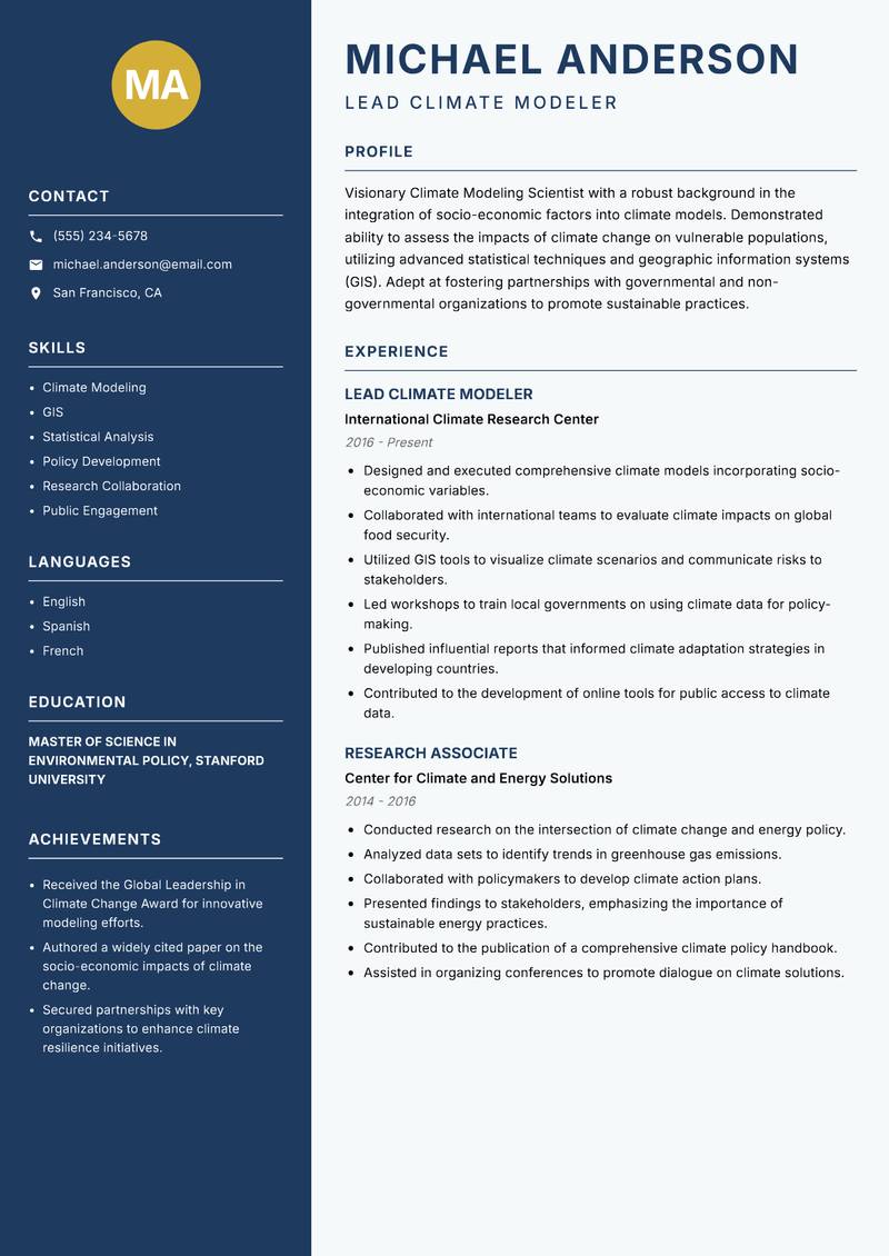 Climate Modeling Scientist Resume Preview Example