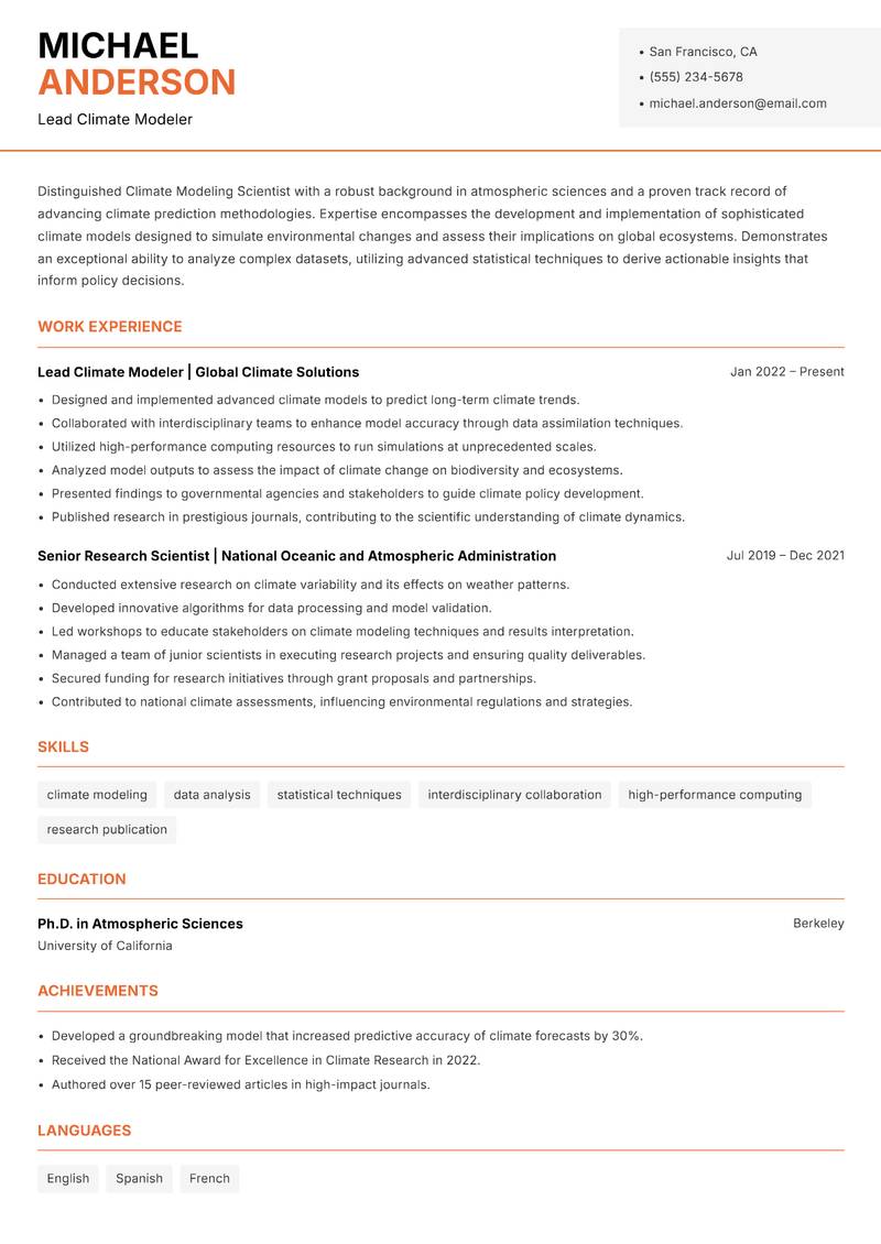 Climate Modeling Scientist Resume Template