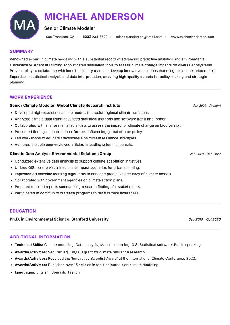 Climate Modelling Specialist Resume Preview Example