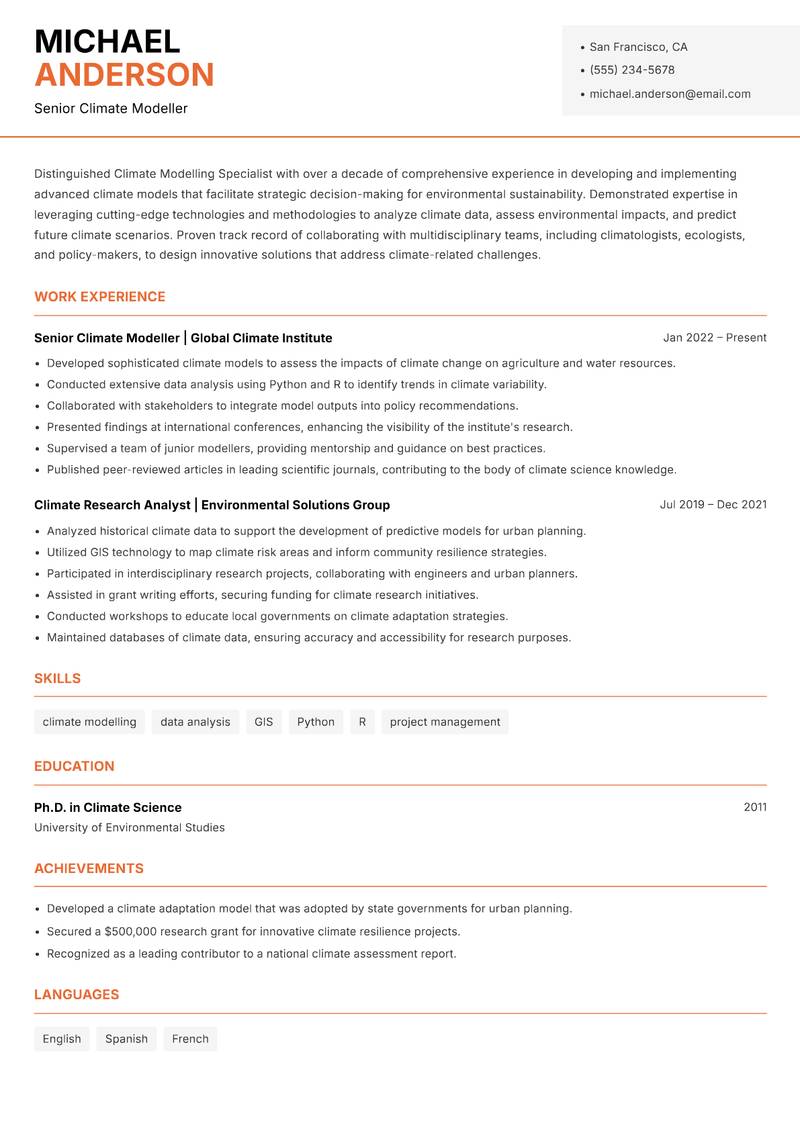 Climate Modelling Specialist Resume Template