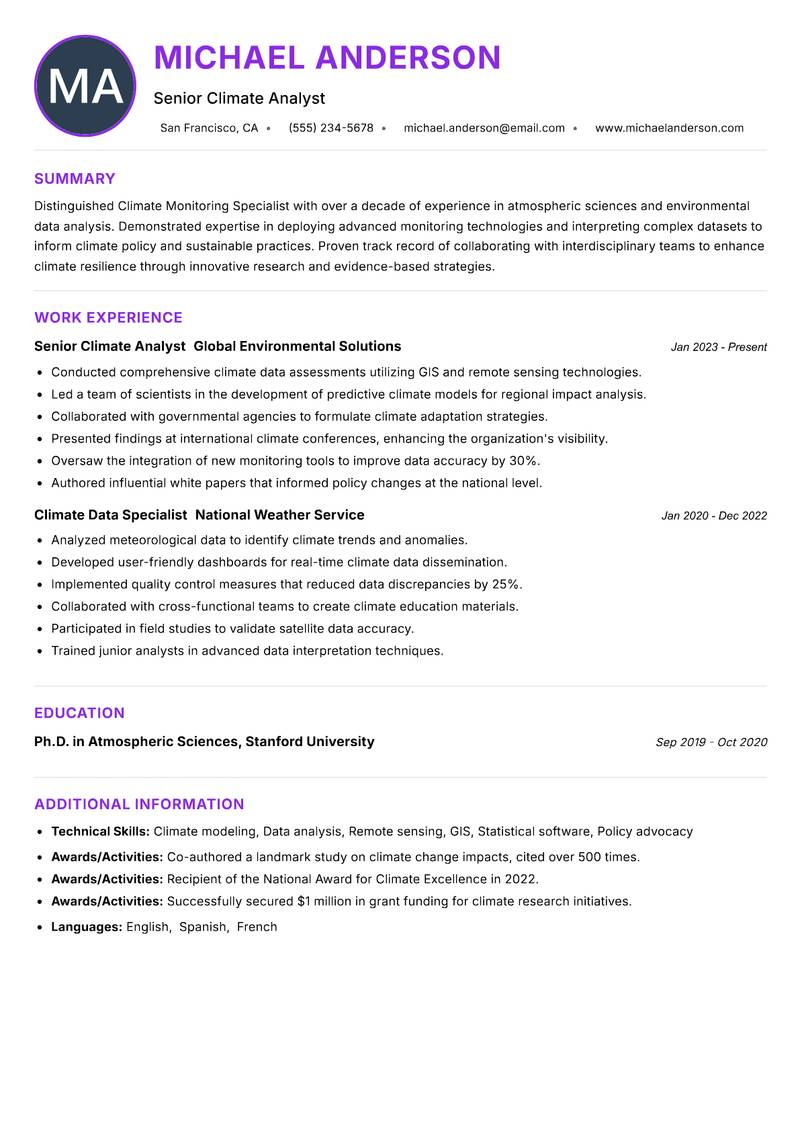 Climate Monitoring Specialist Resume Preview Example