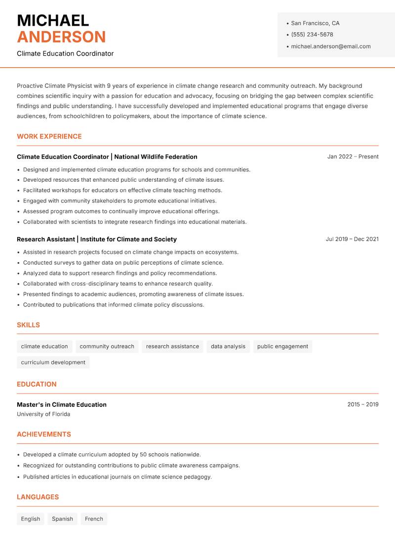Climate Physicist Resume Template