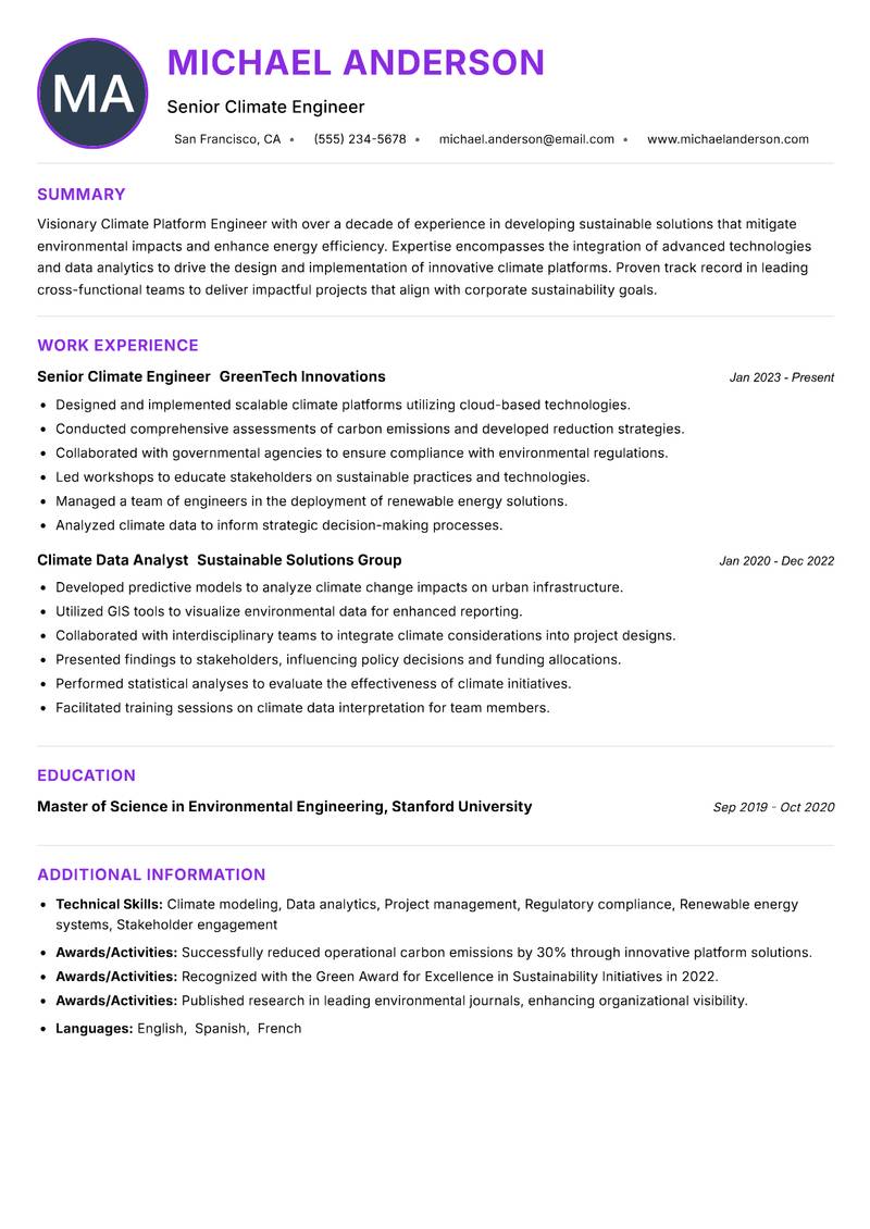 Climate Platform Engineer Resume Preview Example