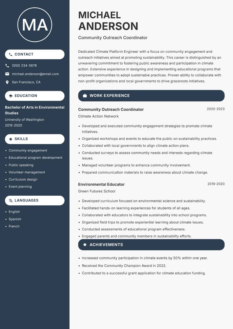 Climate Platform Engineer Resume Preview Example