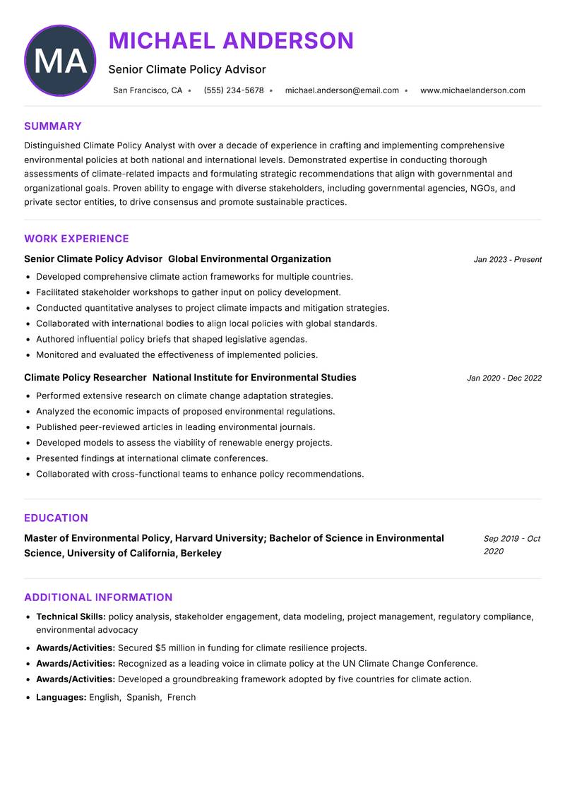 Climate Policy Analyst Resume Preview Example