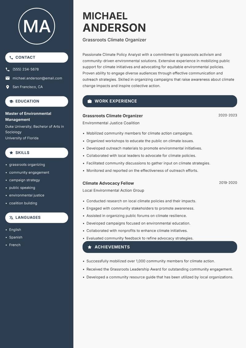 Climate Policy Analyst Resume Preview Example