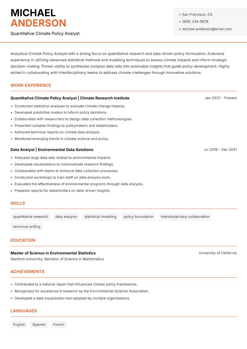Climate Policy Analyst Resume Template