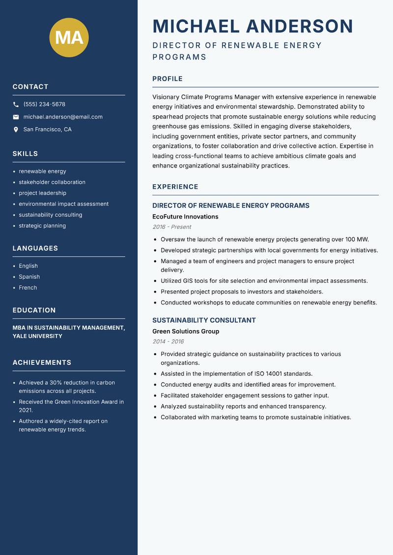 Climate Programs Manager Resume Preview Example