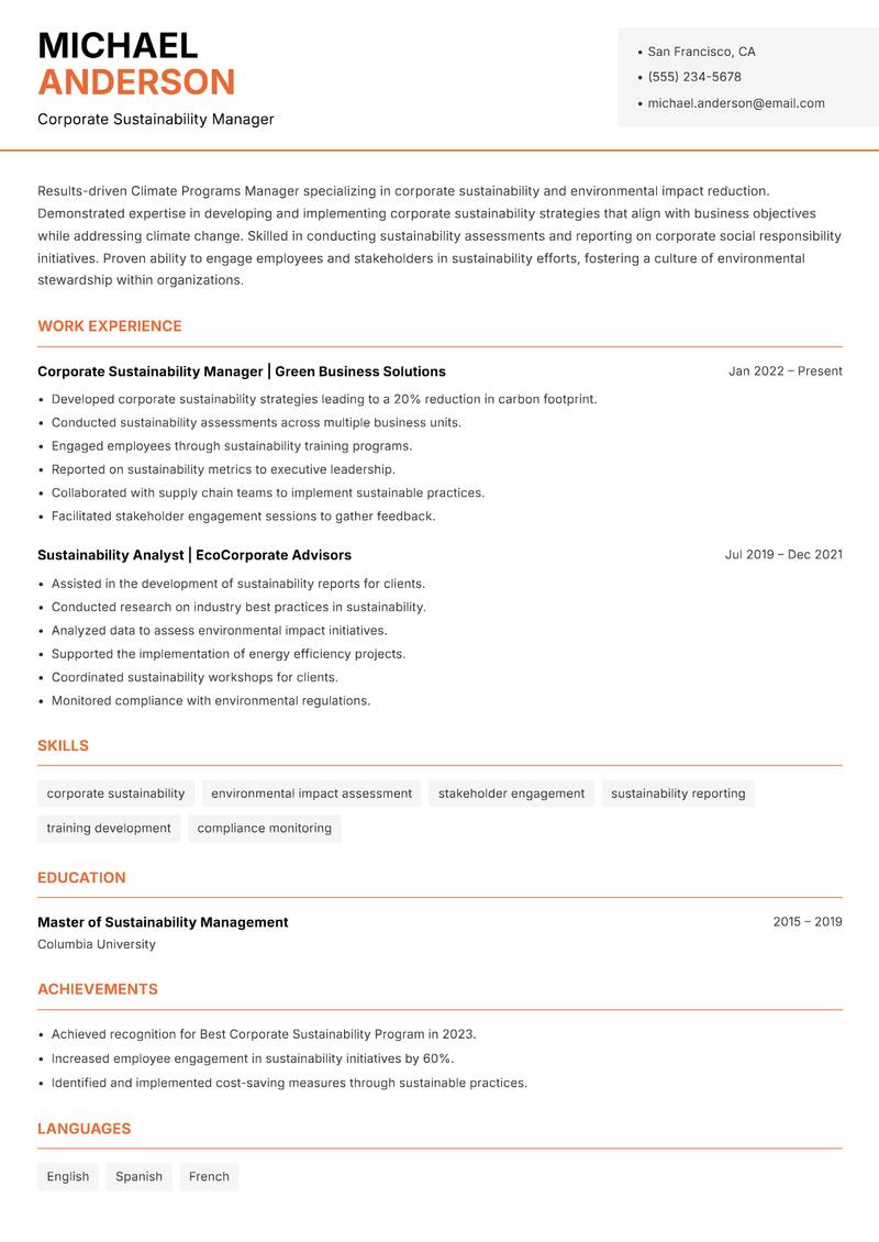 Climate Programs Manager Resume Template