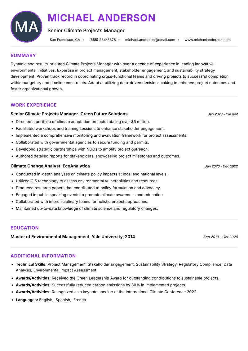 Climate Projects Manager Resume Preview Example
