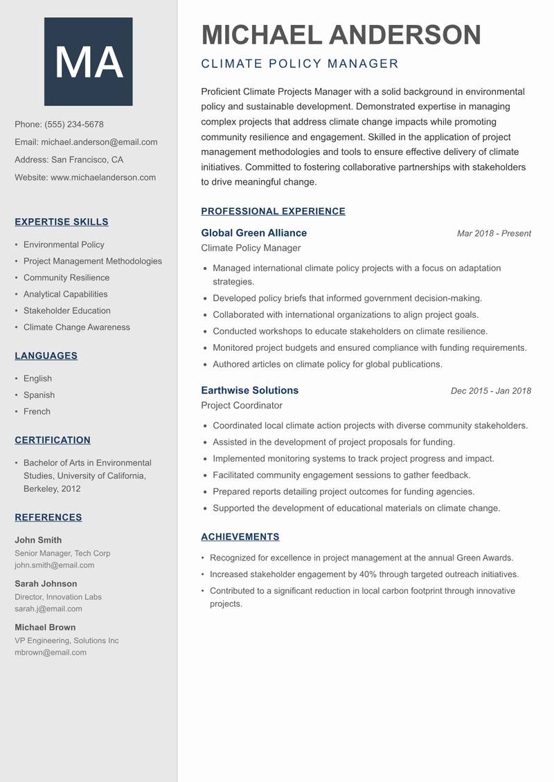 Climate Projects Manager Resume Preview Example