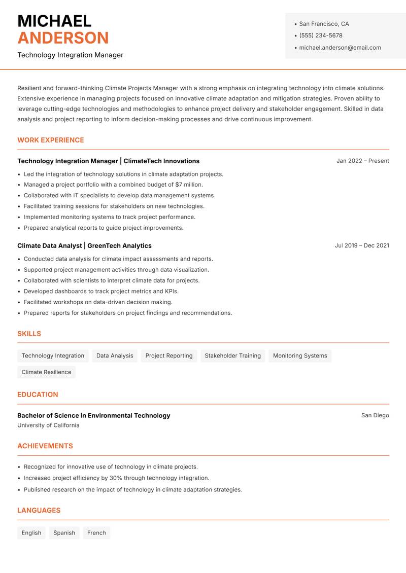 Climate Projects Manager Resume Template