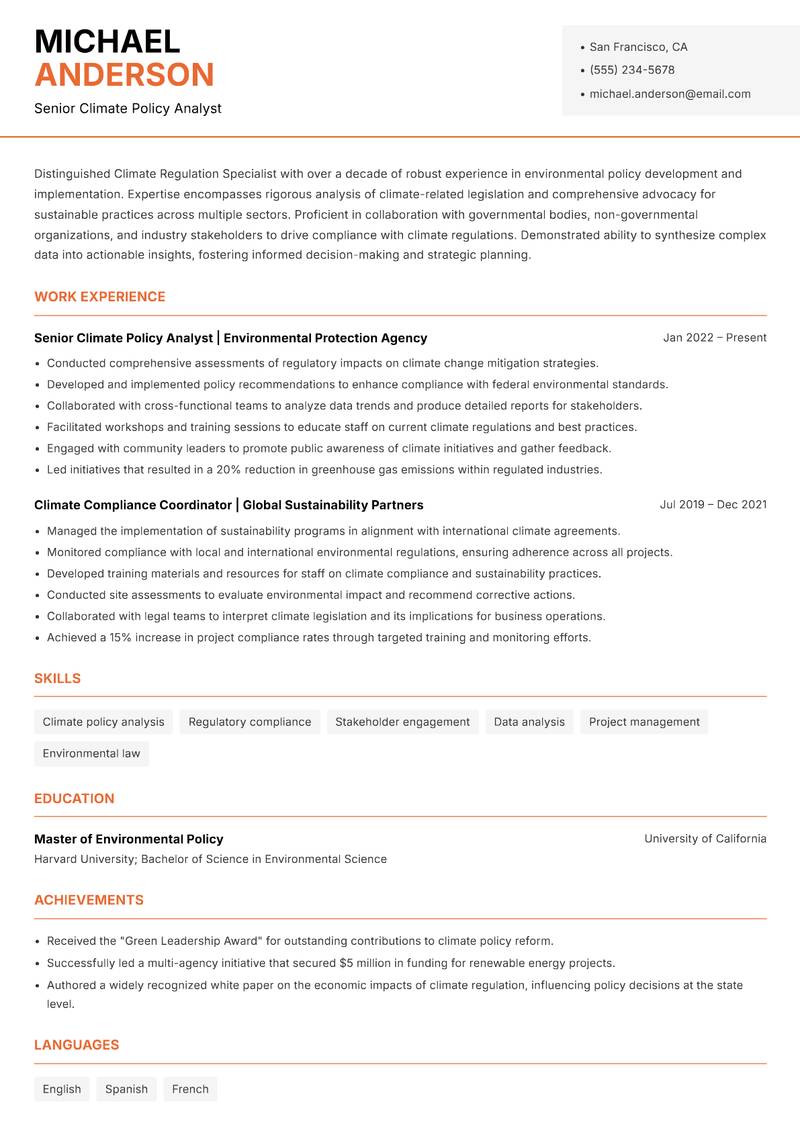 Climate Regulation Specialist Resume Template