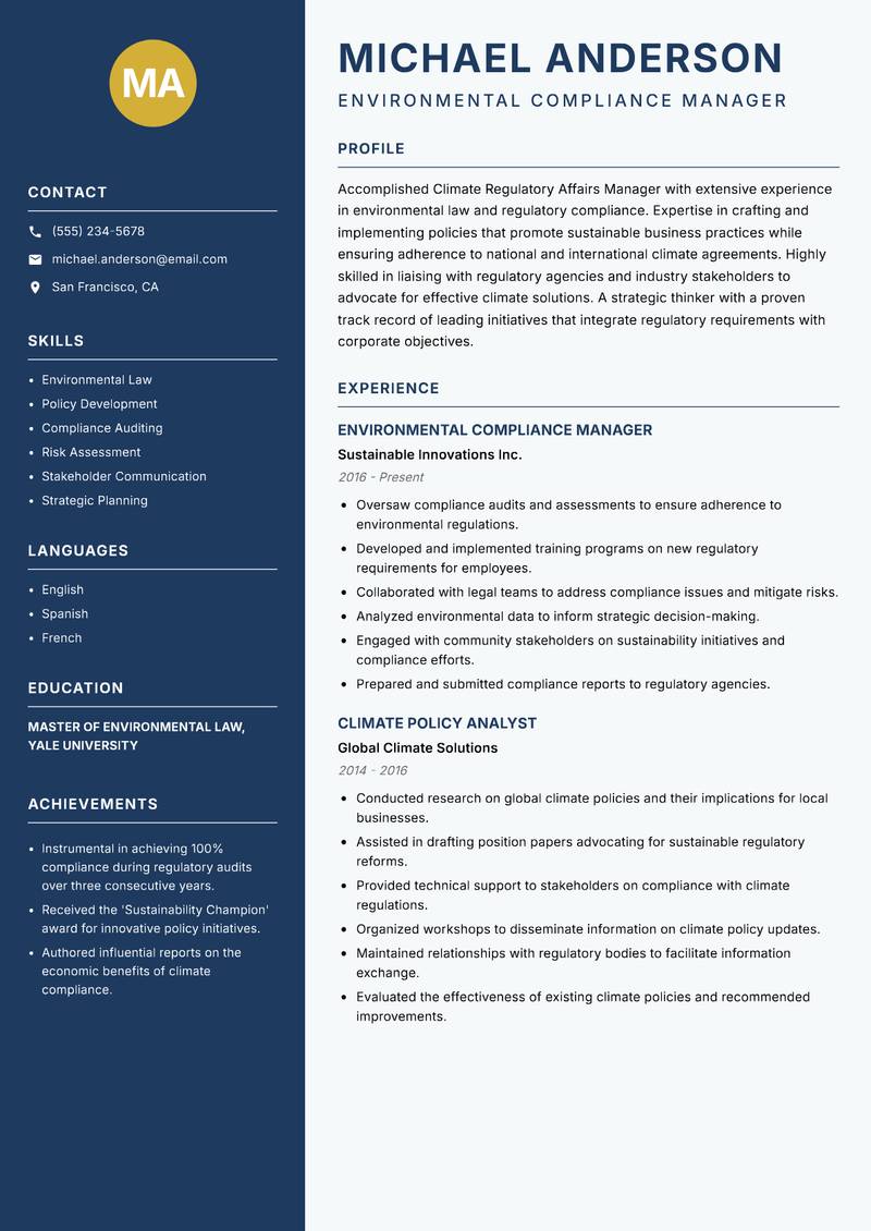 Climate Regulatory Affairs Manager Resume Preview Example