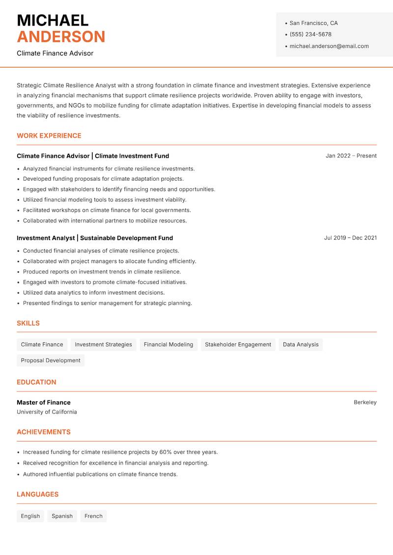 Climate Resilience Analyst Resume Template