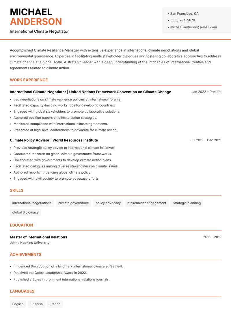 Climate Resilience Manager Resume Template