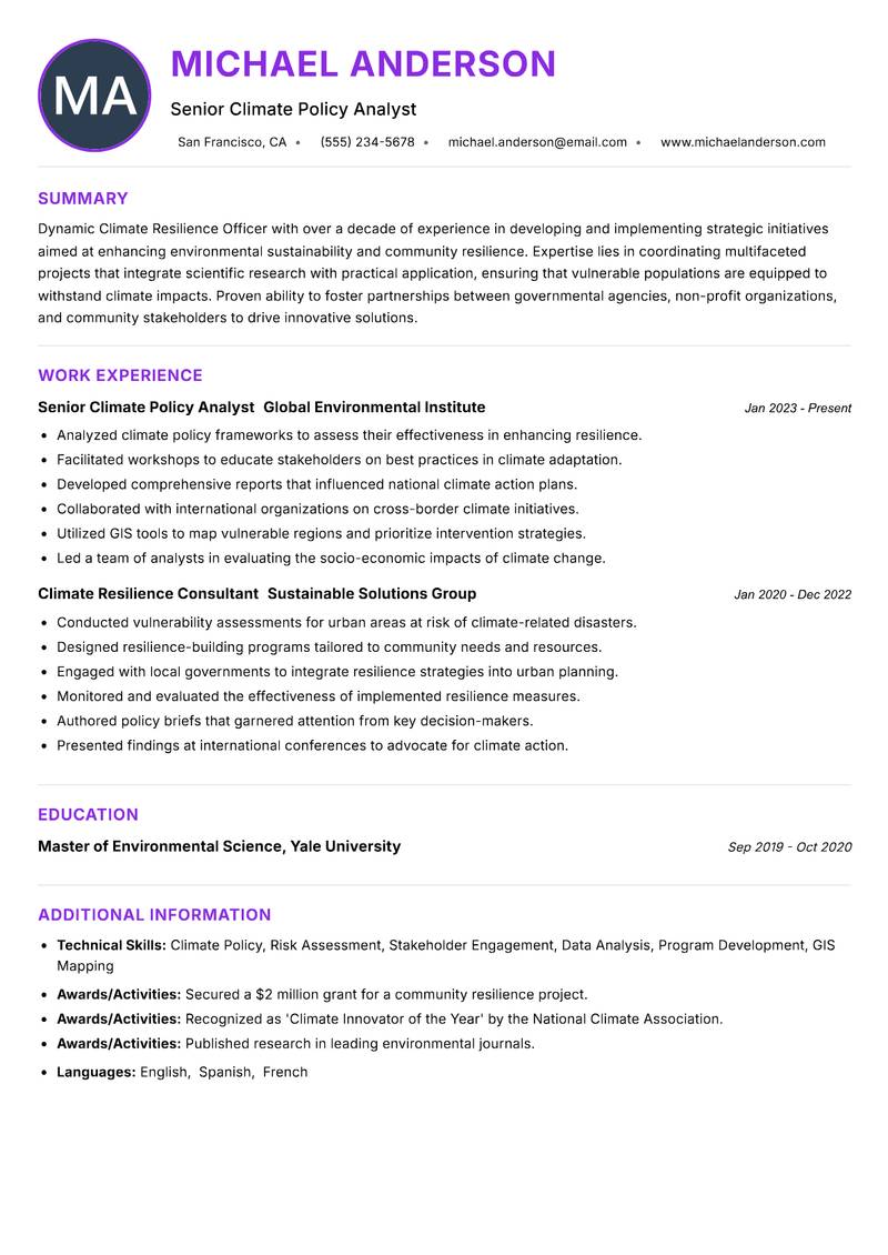 Climate Resilience Officer Resume Preview Example