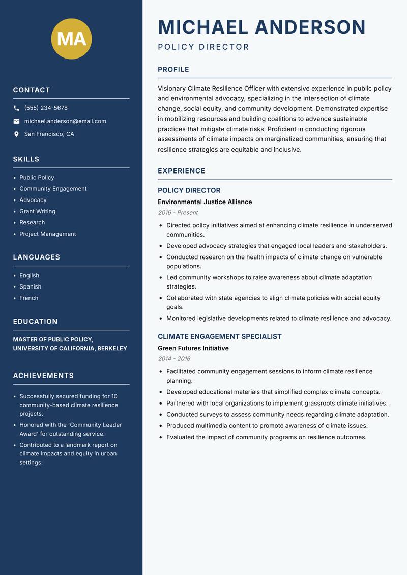 Climate Resilience Officer Resume Preview Example