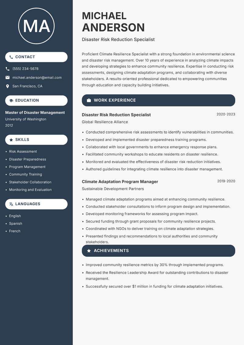 Climate Resilience Specialist Resume Preview Example