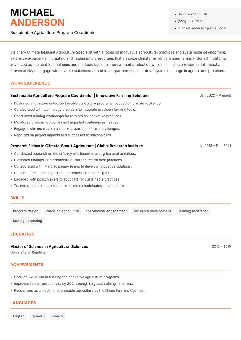 Climate Resilient Agriculture Specialist Resume Template
