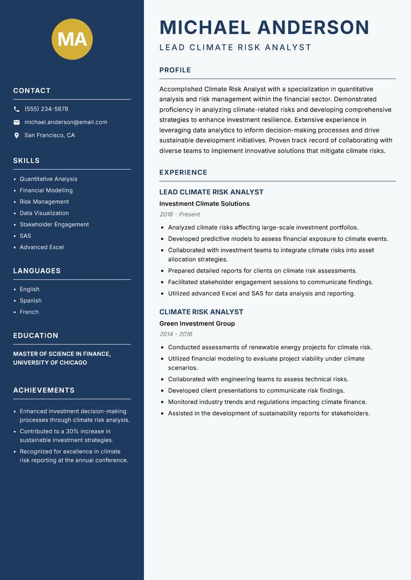 Climate Risk Analyst Resume Preview Example